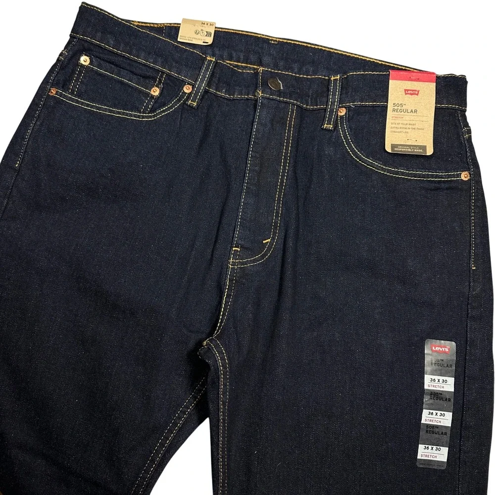 NWT Levis 505 Regular Fit Stretch Jeans Mens 36x30 Dark Indigo Straight Leg